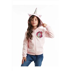 Denokids Unicorn Kapişonlu Pembe Kız Çocuk Fermuarlı Sweatshirt CFF-19K1-051