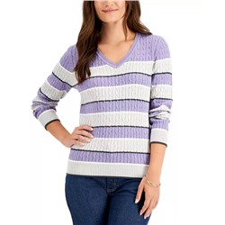 KAREN SCOTT Gianna Cotton Striped Cable V-Neck Sweater, Created for Macy's
