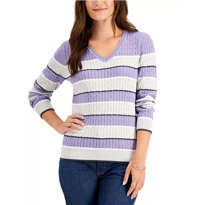 KAREN SCOTT Gianna Cotton Striped Cable V-Neck Sweater, Created for Macy's