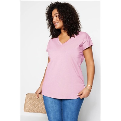Pembe Boyfriend V Yaka Yırtmaçlı %100 Pamuk Örme T-Shirt TBBSS22BF0036