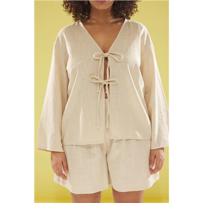 Bej V Yaka Bağlama Detaylı Pamuk Flam Beachwear Büyük Beden Alt-Üst Takım TBBSS25CP00012