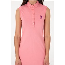 Kadın Pembe Kolsuz Polo Yaka Mini Boy Örme Elbise