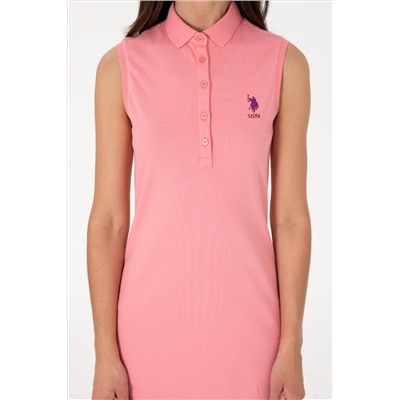 Kadın Pembe Kolsuz Polo Yaka Mini Boy Örme Elbise