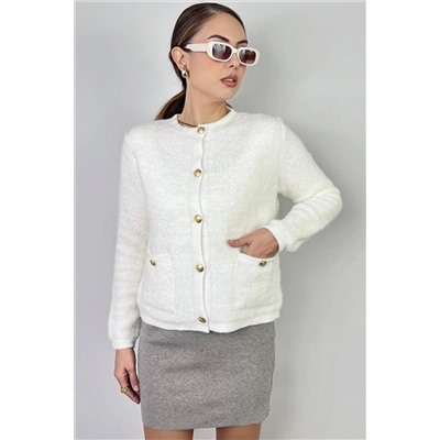 Ritnice Kadın Cozy Cepli Ekru Buklet Hırka 1289