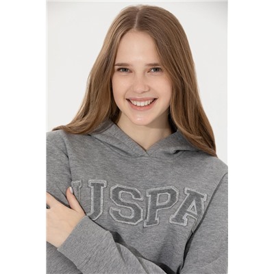 Kadın Gri Melanj Kapüşonlu Basic Sweatshirt