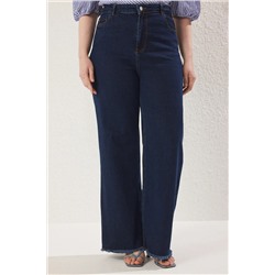 Koyu Mavi Yüksek Bel Pis Uç Detaylı Geniş Paça Comfort Büyük Beden Wide Leg Jeans TBBSS23CJ00009