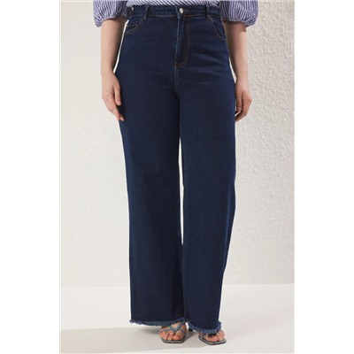 Koyu Mavi Yüksek Bel Pis Uç Detaylı Geniş Paça Comfort Büyük Beden Wide Leg Jeans TBBSS23CJ00009