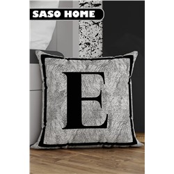 SasoHome GRİ Harfli Kırlent Yastık Kılıfı - E Harfi - GRİ Zemin Dekoratif Hediyelik Kırlent Kılıfı Saso-3007