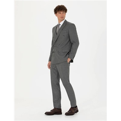 Kruvaze Çizgili Füme Ekstra Slim Fit Takım Elbise
