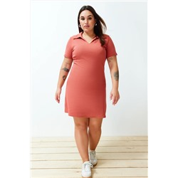 Kiremit Polo Yaka Midi Örme Büyük Beden Elbise TBBSS24AH00078