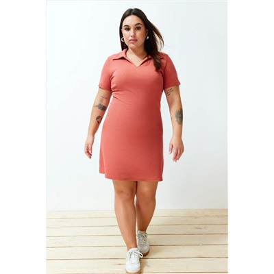 Kiremit Polo Yaka Midi Örme Büyük Beden Elbise TBBSS24AH00078