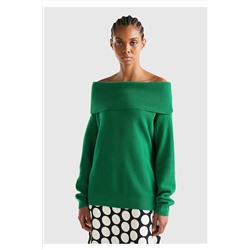 United Colors of Benetton Kadın 1U3 Yün Karışımlı Omzu Açık Kazak Yeşil 123A1044D2023