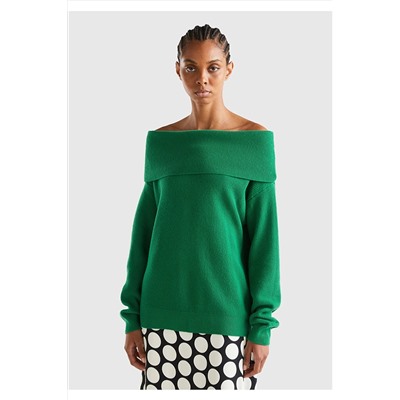 United Colors of Benetton Kadın 1U3 Yün Karışımlı Omzu Açık Kazak Yeşil 123A1044D2023