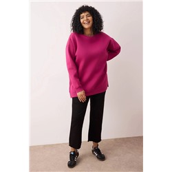 Fuşya Kalın İçi Polarlı Yırtmaçlı Oversize/Bol Kesim Örme Büyük Beden Sweatshirt TBBAW24AO00003