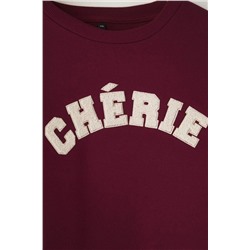 Bordo Kalın İçi Polarlı Oversize/Bol Kesim Slogan Nakışlı Örme Büyük Beden Sweatshirt TBBAW26AO00008