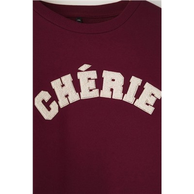 Bordo Kalın İçi Polarlı Oversize/Bol Kesim Slogan Nakışlı Örme Büyük Beden Sweatshirt TBBAW26AO00008