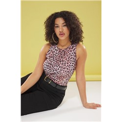 Açık Kahverengi Leopar Desenli Halter Yaka Esnek Alttan Çıtçıtlı Örme Body TBBSS25CS00000