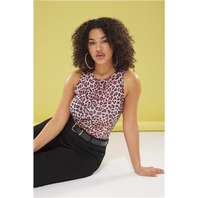 Açık Kahverengi Leopar Desenli Halter Yaka Esnek Alttan Çıtçıtlı Örme Body TBBSS25CS00000