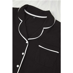 Siyah Biye Detaylı Gömlek Yaka Örme Pijama Takımı