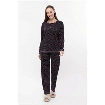 ANGELİNA Kadın Lacivert Pembe Puanlı Bambu Uzunkollu Yuvarlak Yaka Pijama Takımı 2193 ST04015