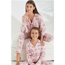 Siyah İnci somon kedi desenli Pamuklu Düğmeli Pijama Takımı 7691