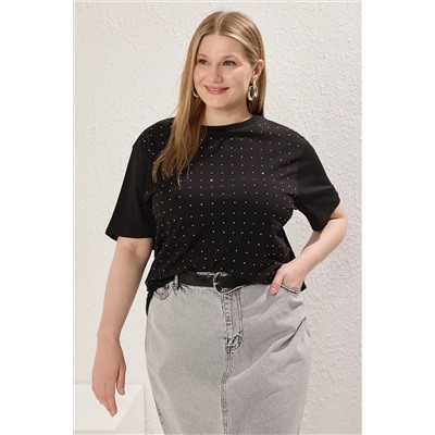 Trendyol Curve Siyah Taşlı Örme Büyük Beden Tshirt TBBSS25BF00042