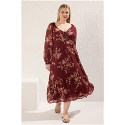 Trendyol Curve Bordo Şifon Çiçekli Uzun Kol Gipeli Midi Dokuma Büyük Beden Elbise TBBSS25AH00026
