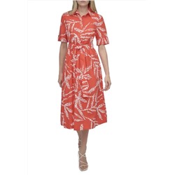 DKNY Botanical Long Sleeve Mdi Shirtdress