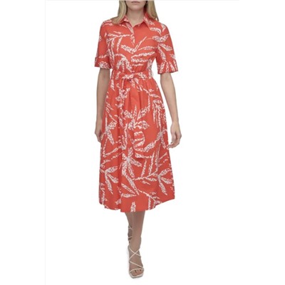 DKNY Botanical Long Sleeve Mdi Shirtdress