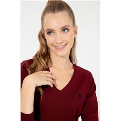 Kadın Bordo V - Yaka  Basic Kazak
