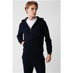 Avva Erkek Lacivert Kapüşonlu Yaka Içi Polarlı 3 Iplik Fermuarlı Standart Fit Normal Kesim Unisex Sweatsh E001019