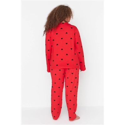 Kırmızı Kalpli Gömlek Yaka Örme Pijama Takımı TBBAW23AI00019