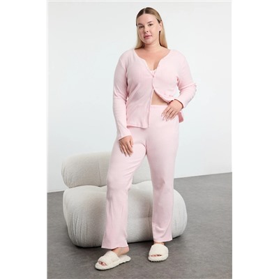 Pembe Fırçalı Soft Fitilli Hırkalı Örme Pijama Takımı TBBAW25AI00089