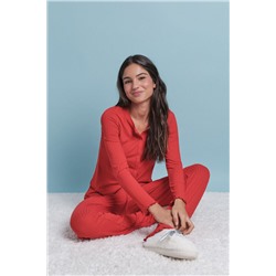 Pijama largo algodón canalé suave rojo