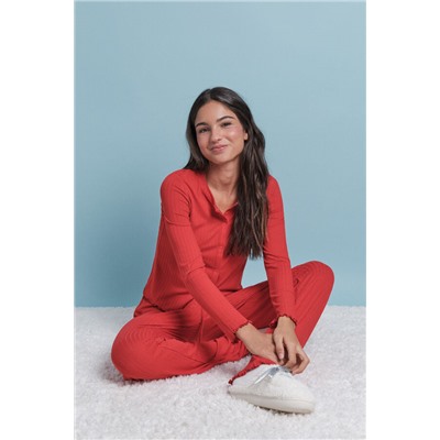 Pijama largo algodón canalé suave rojo