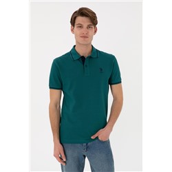 Erkek Slim Fit Polo Yaka Koyu Yeşil Basic Tişört