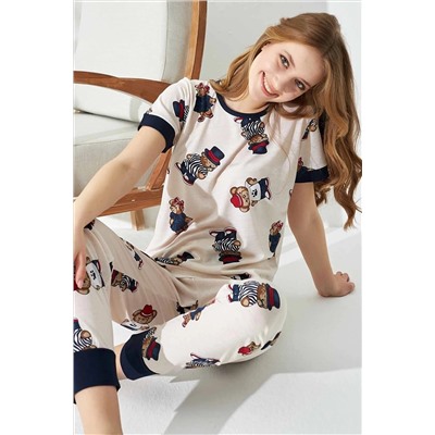 Siyah İnci Krem Şapkalı Ayıcık Desenli Örme Pijama Takımı 7669