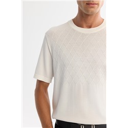 Ekru Bisiklet Yaka Jakarlı Rayon Triko T-Shirt