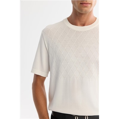 Ekru Bisiklet Yaka Jakarlı Rayon Triko T-Shirt