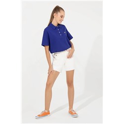 Kadın Mavi Polo Yaka Crop Tişört