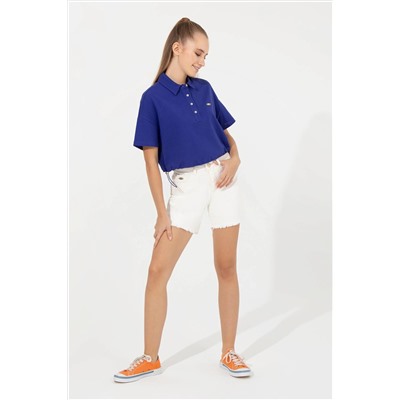 Kadın Mavi Polo Yaka Crop Tişört