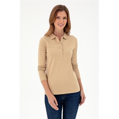 Kadın Kum Basic Polo Yaka Sweatshirt