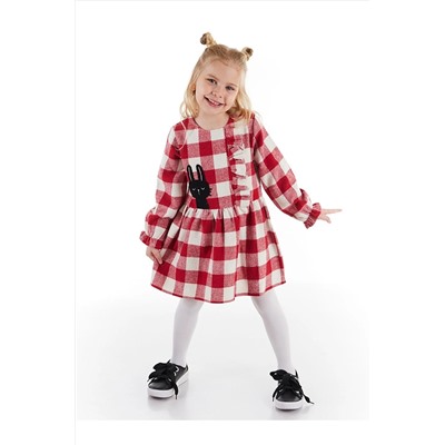 Denokids Siyah Tavşan Ekose Kalın Dokuma Kırmızı Kız Çocuk Elbise CFF-21S1-045