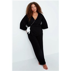 Siyah Kruvaze Yaka Bağlamalı Dokuma Pijama Takımı TBBAW23AI00032