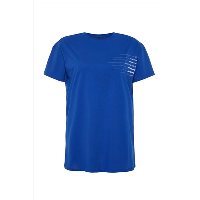Mavi Bisiklet Yaka slogan Baskılı %100 Pamuk Örme Büyük Beden T-shirt Elbise TBBSS23AH00162