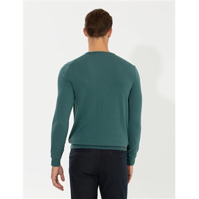 Yeşil Slim Fit Bisiklet Yaka Basic Triko Kazak