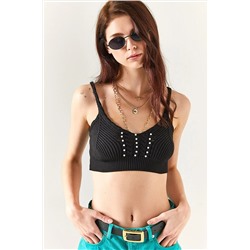 Olalook Kadın Siyah Boncuk Garnili Triko Crop Bluz BLZ-19002319