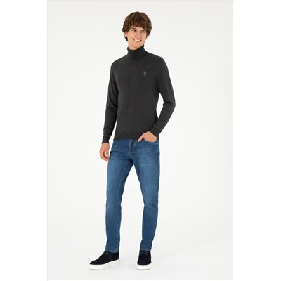 Erkek Slim Fit Boğazlı Yaka Antrasit Melanj Basic Kazak