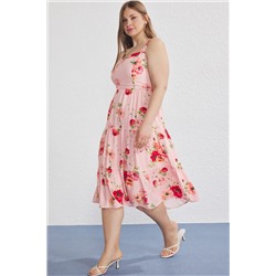 Pembe Çiçekli Askılı Midi Yazlık Dokuma Büyük Beden Elbise TBBSS25AH00104