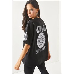 Olalook, Kadın Newyork Siyah Ön Arka Baskılı 2 iplik Unisex Oversize Tişört TSH-19000696